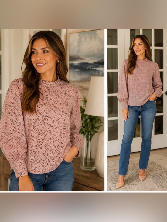 Maison D’Amelie Tops - NWT Maison d’Amelie Medium Rose Pink Black Polka Dot Ruffle Neck Blouse